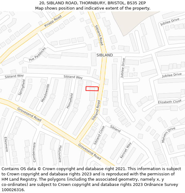 20, SIBLAND ROAD, THORNBURY, BRISTOL, BS35 2EP: Location map and indicative extent of plot