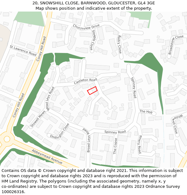 20, SNOWSHILL CLOSE, BARNWOOD, GLOUCESTER, GL4 3GE: Location map and indicative extent of plot