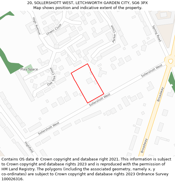 20, SOLLERSHOTT WEST, LETCHWORTH GARDEN CITY, SG6 3PX: Location map and indicative extent of plot