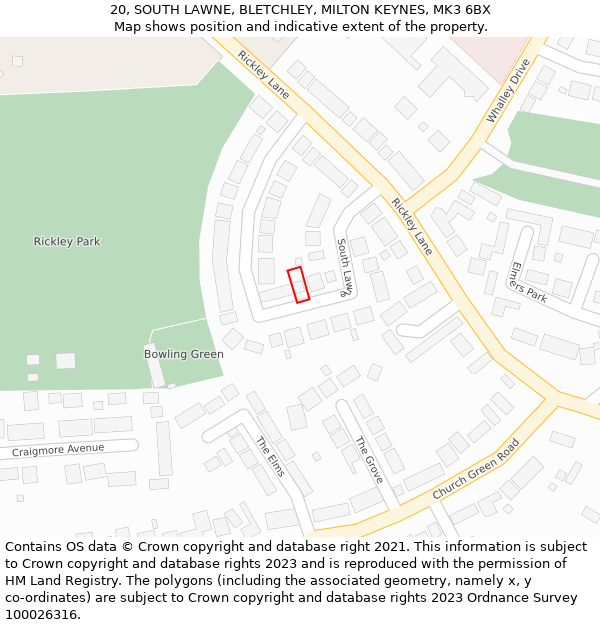 20, SOUTH LAWNE, BLETCHLEY, MILTON KEYNES, MK3 6BX: Location map and indicative extent of plot