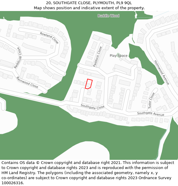 20, SOUTHGATE CLOSE, PLYMOUTH, PL9 9QL: Location map and indicative extent of plot