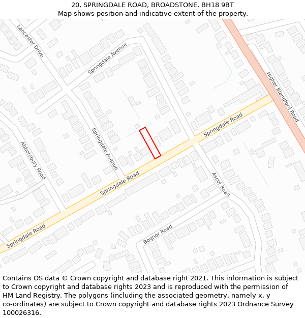 20, SPRINGDALE ROAD, BROADSTONE, BH18 9BT: Location map and indicative extent of plot