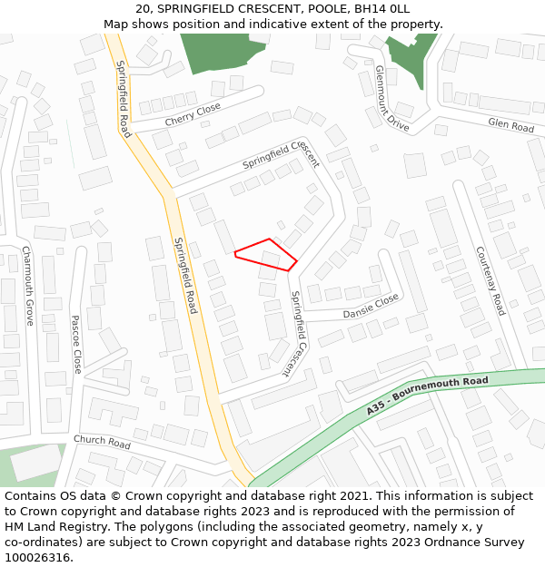 20, SPRINGFIELD CRESCENT, POOLE, BH14 0LL: Location map and indicative extent of plot