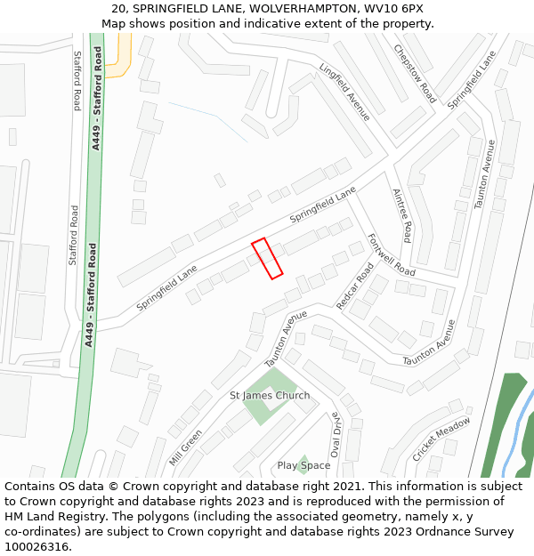 20, SPRINGFIELD LANE, WOLVERHAMPTON, WV10 6PX: Location map and indicative extent of plot
