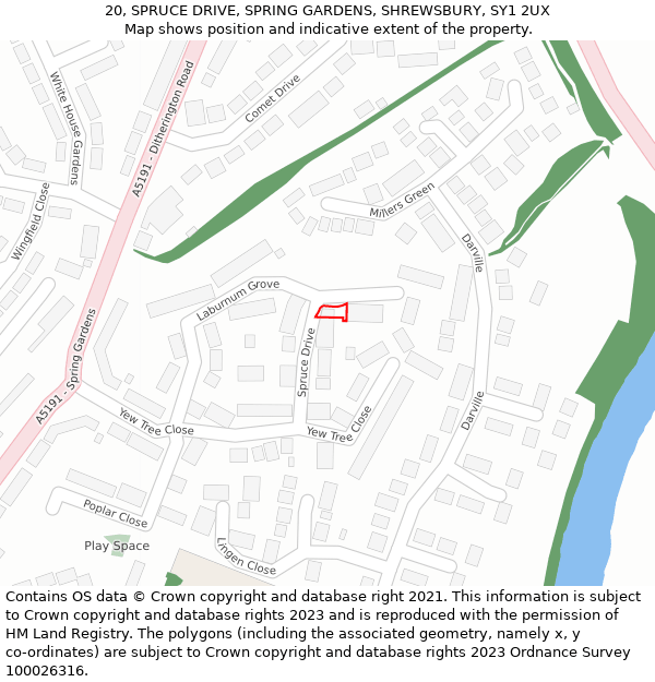 20, SPRUCE DRIVE, SPRING GARDENS, SHREWSBURY, SY1 2UX: Location map and indicative extent of plot