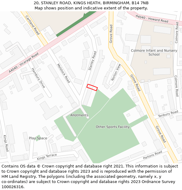 20, STANLEY ROAD, KINGS HEATH, BIRMINGHAM, B14 7NB: Location map and indicative extent of plot