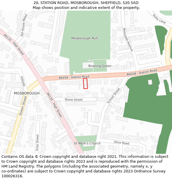 20, STATION ROAD, MOSBOROUGH, SHEFFIELD, S20 5AD: Location map and indicative extent of plot