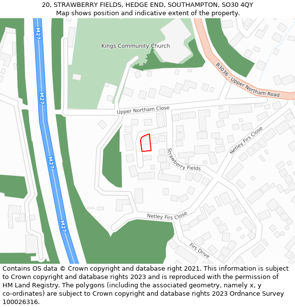 20, STRAWBERRY FIELDS, HEDGE END, SOUTHAMPTON, SO30 4QY: Location map and indicative extent of plot