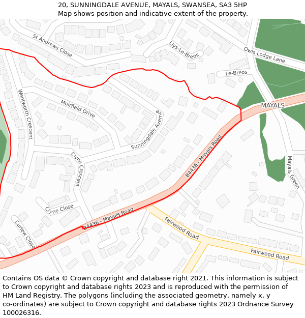 20, SUNNINGDALE AVENUE, MAYALS, SWANSEA, SA3 5HP: Location map and indicative extent of plot