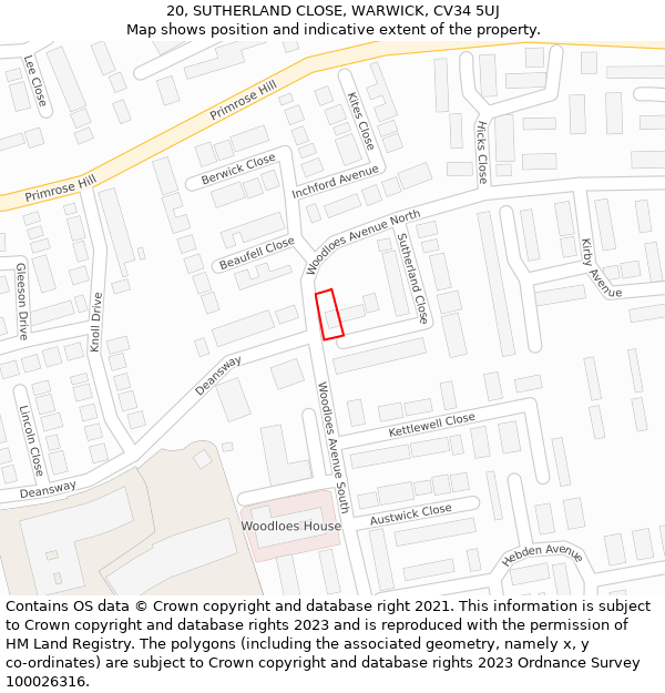 20, SUTHERLAND CLOSE, WARWICK, CV34 5UJ: Location map and indicative extent of plot