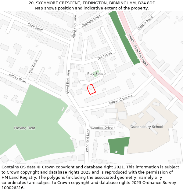 20, SYCAMORE CRESCENT, ERDINGTON, BIRMINGHAM, B24 8DF: Location map and indicative extent of plot