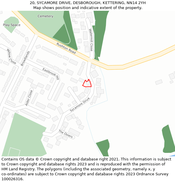 20, SYCAMORE DRIVE, DESBOROUGH, KETTERING, NN14 2YH: Location map and indicative extent of plot