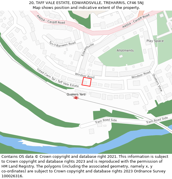 20, TAFF VALE ESTATE, EDWARDSVILLE, TREHARRIS, CF46 5NJ: Location map and indicative extent of plot