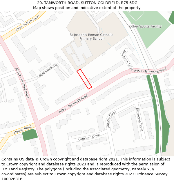 20, TAMWORTH ROAD, SUTTON COLDFIELD, B75 6DG: Location map and indicative extent of plot