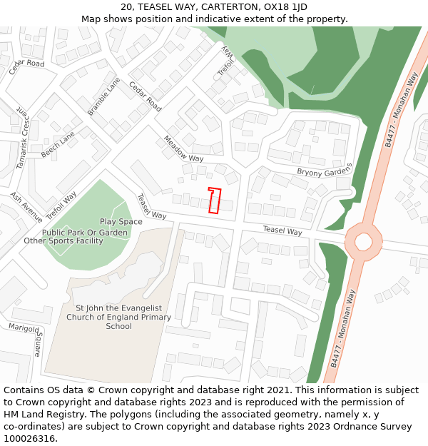 20, TEASEL WAY, CARTERTON, OX18 1JD: Location map and indicative extent of plot