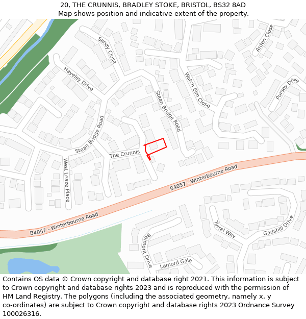 20, THE CRUNNIS, BRADLEY STOKE, BRISTOL, BS32 8AD: Location map and indicative extent of plot