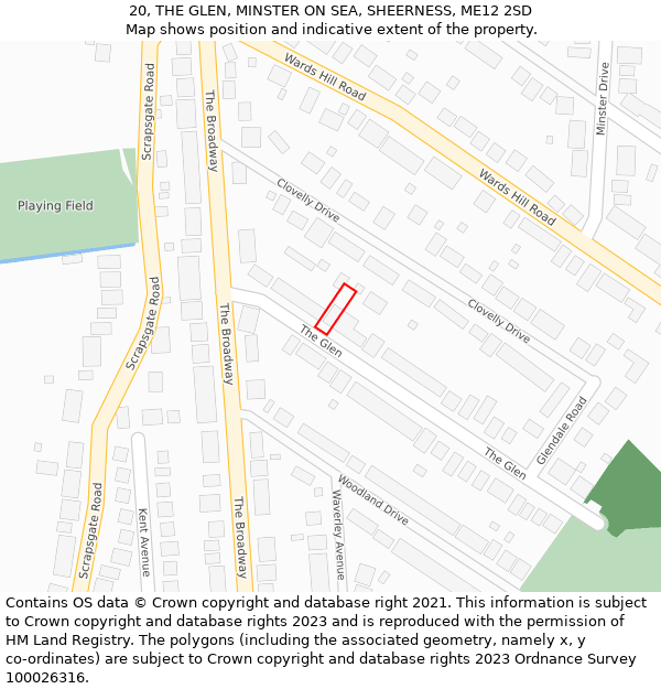 20, THE GLEN, MINSTER ON SEA, SHEERNESS, ME12 2SD: Location map and indicative extent of plot