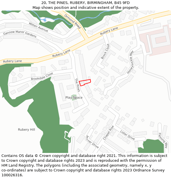 20, THE PINES, RUBERY, BIRMINGHAM, B45 9FD: Location map and indicative extent of plot