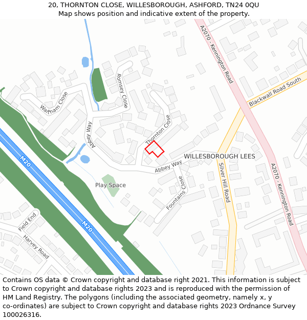 20, THORNTON CLOSE, WILLESBOROUGH, ASHFORD, TN24 0QU: Location map and indicative extent of plot
