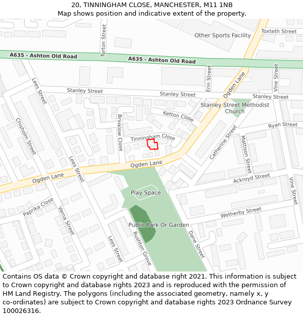 20, TINNINGHAM CLOSE, MANCHESTER, M11 1NB: Location map and indicative extent of plot