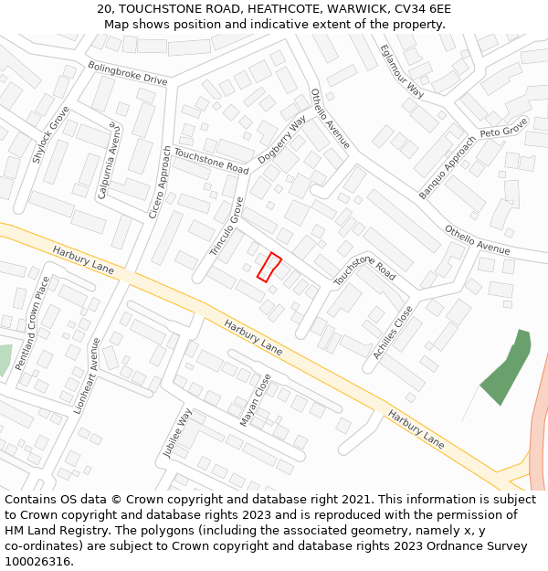 20, TOUCHSTONE ROAD, HEATHCOTE, WARWICK, CV34 6EE: Location map and indicative extent of plot