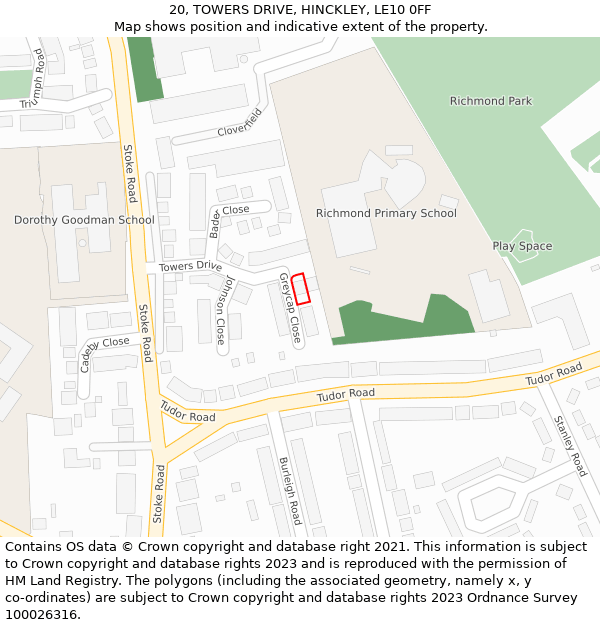 20, TOWERS DRIVE, HINCKLEY, LE10 0FF: Location map and indicative extent of plot