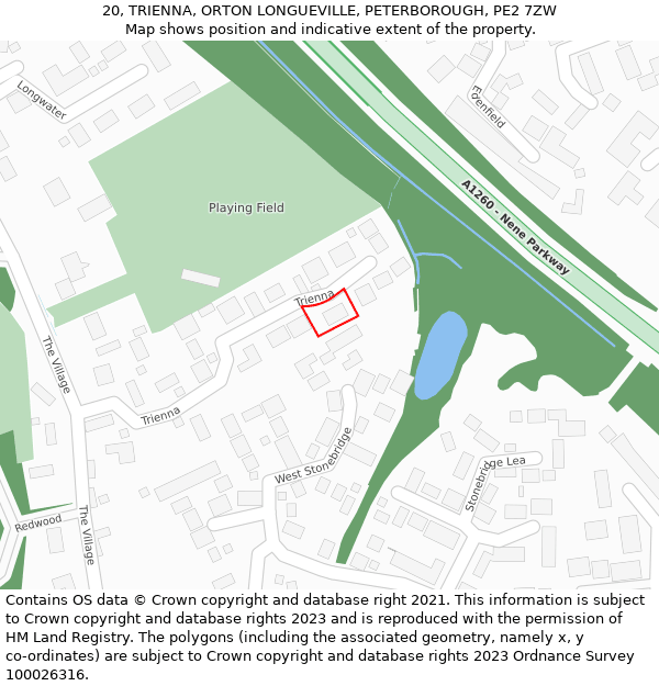 20, TRIENNA, ORTON LONGUEVILLE, PETERBOROUGH, PE2 7ZW: Location map and indicative extent of plot