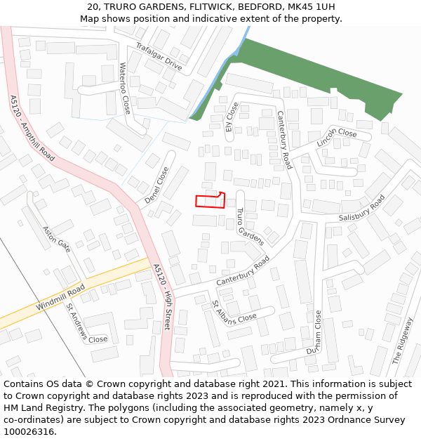 20, TRURO GARDENS, FLITWICK, BEDFORD, MK45 1UH: Location map and indicative extent of plot