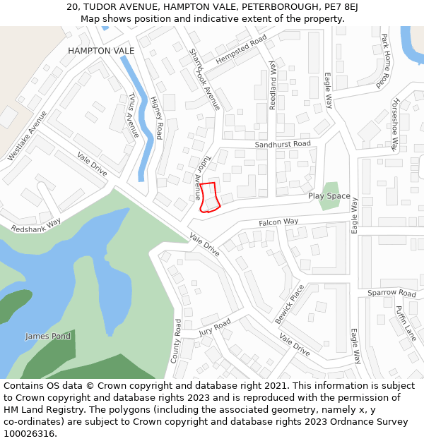 20, TUDOR AVENUE, HAMPTON VALE, PETERBOROUGH, PE7 8EJ: Location map and indicative extent of plot