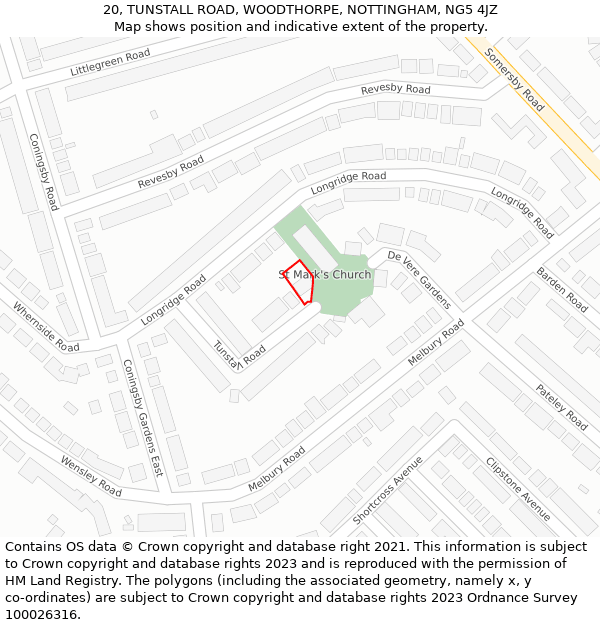 20, TUNSTALL ROAD, WOODTHORPE, NOTTINGHAM, NG5 4JZ: Location map and indicative extent of plot