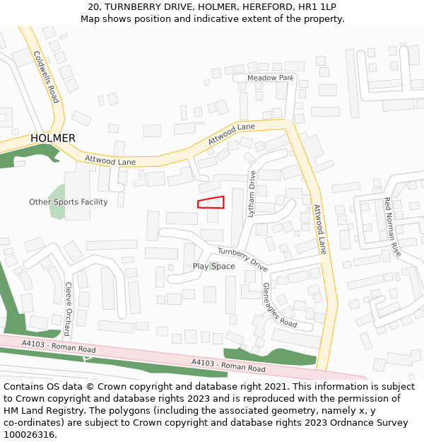 20, TURNBERRY DRIVE, HOLMER, HEREFORD, HR1 1LP: Location map and indicative extent of plot