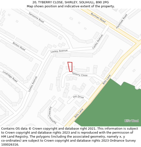 20, TYBERRY CLOSE, SHIRLEY, SOLIHULL, B90 2PG: Location map and indicative extent of plot