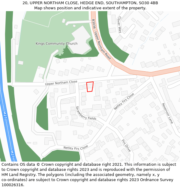 20, UPPER NORTHAM CLOSE, HEDGE END, SOUTHAMPTON, SO30 4BB: Location map and indicative extent of plot