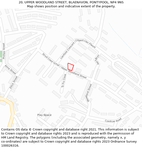 20, UPPER WOODLAND STREET, BLAENAVON, PONTYPOOL, NP4 9NS: Location map and indicative extent of plot