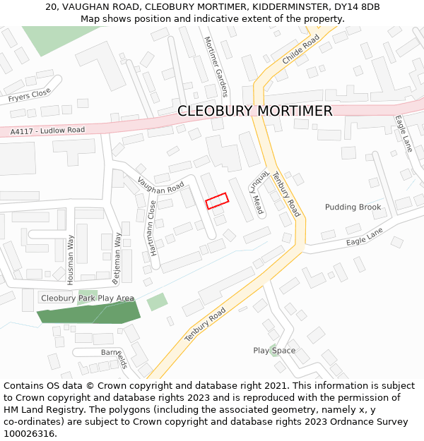 20, VAUGHAN ROAD, CLEOBURY MORTIMER, KIDDERMINSTER, DY14 8DB: Location map and indicative extent of plot