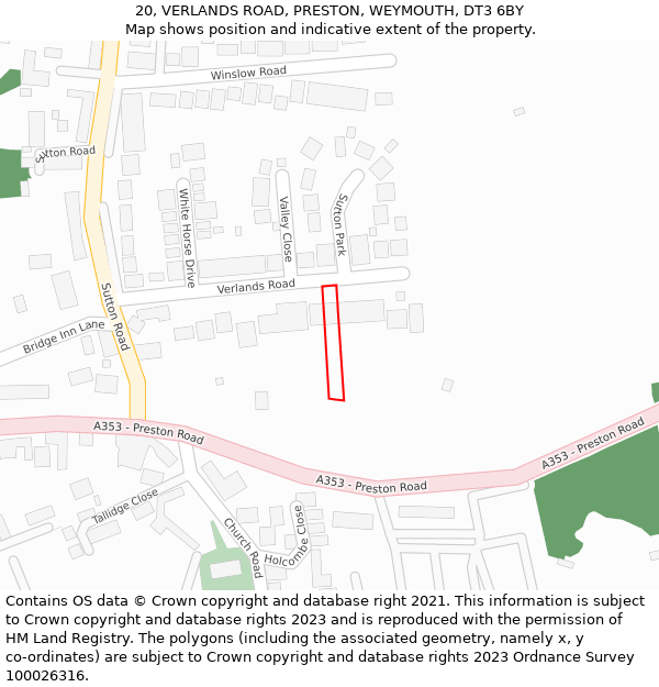 20, VERLANDS ROAD, PRESTON, WEYMOUTH, DT3 6BY: Location map and indicative extent of plot