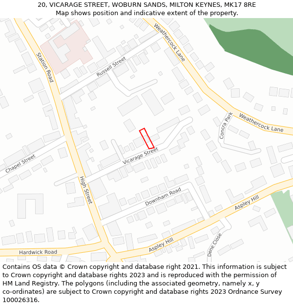 20, VICARAGE STREET, WOBURN SANDS, MILTON KEYNES, MK17 8RE: Location map and indicative extent of plot