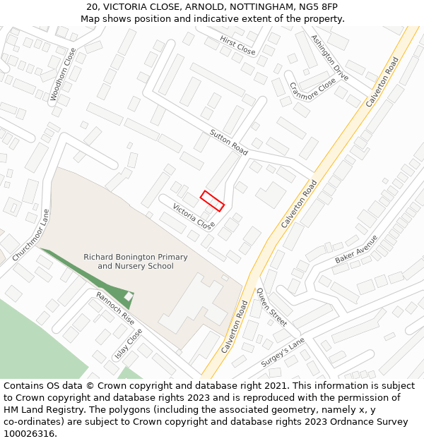 20, VICTORIA CLOSE, ARNOLD, NOTTINGHAM, NG5 8FP: Location map and indicative extent of plot