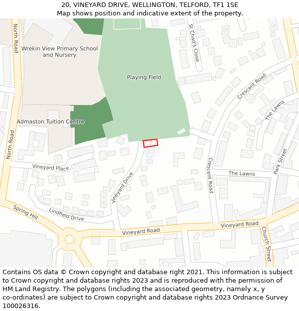 20, VINEYARD DRIVE, WELLINGTON, TELFORD, TF1 1SE: Location map and indicative extent of plot