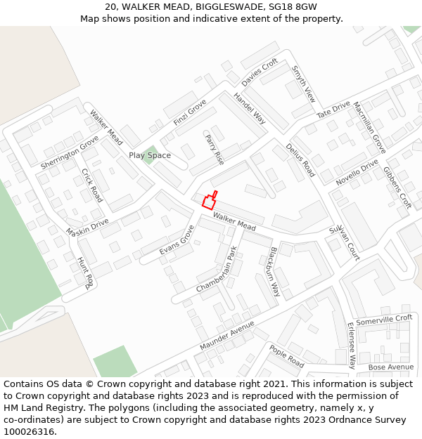 20, WALKER MEAD, BIGGLESWADE, SG18 8GW: Location map and indicative extent of plot