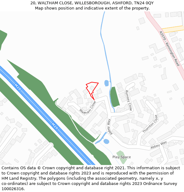 20, WALTHAM CLOSE, WILLESBOROUGH, ASHFORD, TN24 0QY: Location map and indicative extent of plot