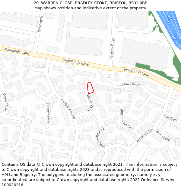 20, WARREN CLOSE, BRADLEY STOKE, BRISTOL, BS32 0BP: Location map and indicative extent of plot