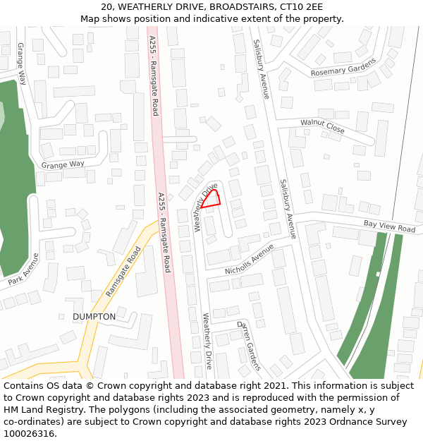 20, WEATHERLY DRIVE, BROADSTAIRS, CT10 2EE: Location map and indicative extent of plot