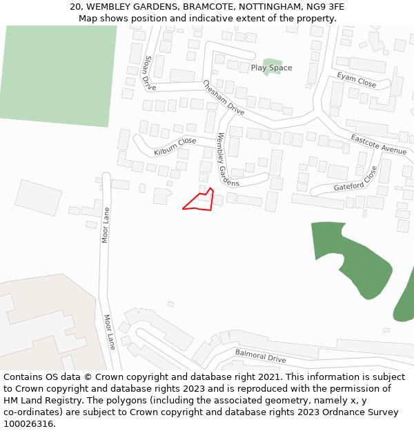 20, WEMBLEY GARDENS, BRAMCOTE, NOTTINGHAM, NG9 3FE: Location map and indicative extent of plot