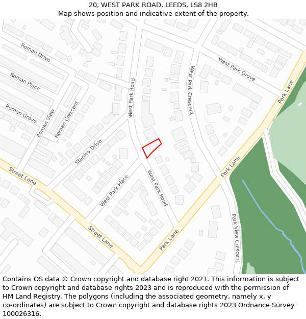 20, WEST PARK ROAD, LEEDS, LS8 2HB: Location map and indicative extent of plot