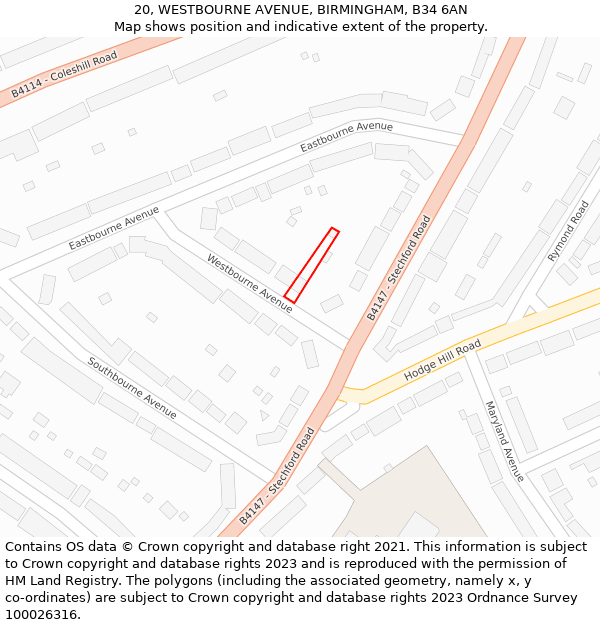 20, WESTBOURNE AVENUE, BIRMINGHAM, B34 6AN: Location map and indicative extent of plot
