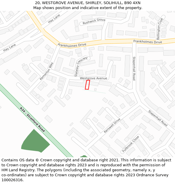 20, WESTGROVE AVENUE, SHIRLEY, SOLIHULL, B90 4XN: Location map and indicative extent of plot