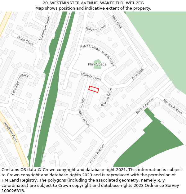 20, WESTMINSTER AVENUE, WAKEFIELD, WF1 2EG: Location map and indicative extent of plot