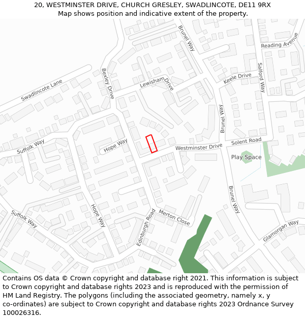 20, WESTMINSTER DRIVE, CHURCH GRESLEY, SWADLINCOTE, DE11 9RX: Location map and indicative extent of plot