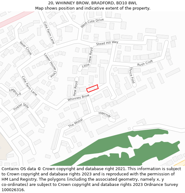 20, WHINNEY BROW, BRADFORD, BD10 8WL: Location map and indicative extent of plot